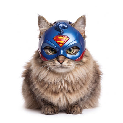 Man of Steel pet mask on a cat