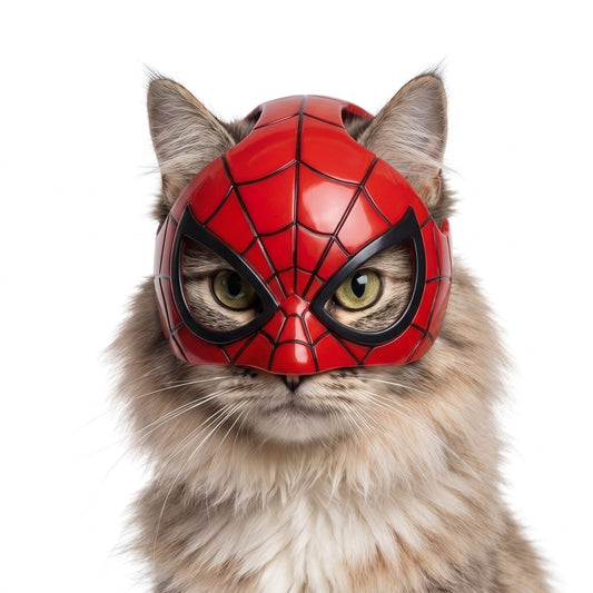 Web-Slinger pet mask on a cat