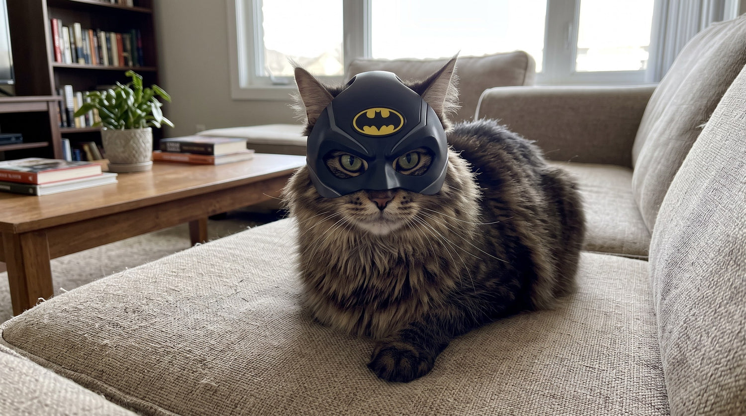 Cat wearing Dark Knight pet mask on a couch