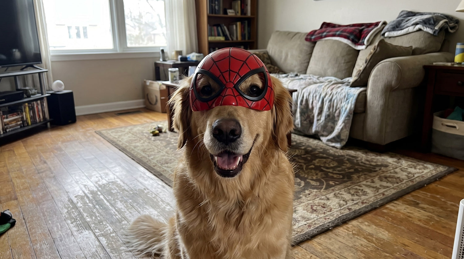 Golden retriever wearing Web-Slinger pet mask at home